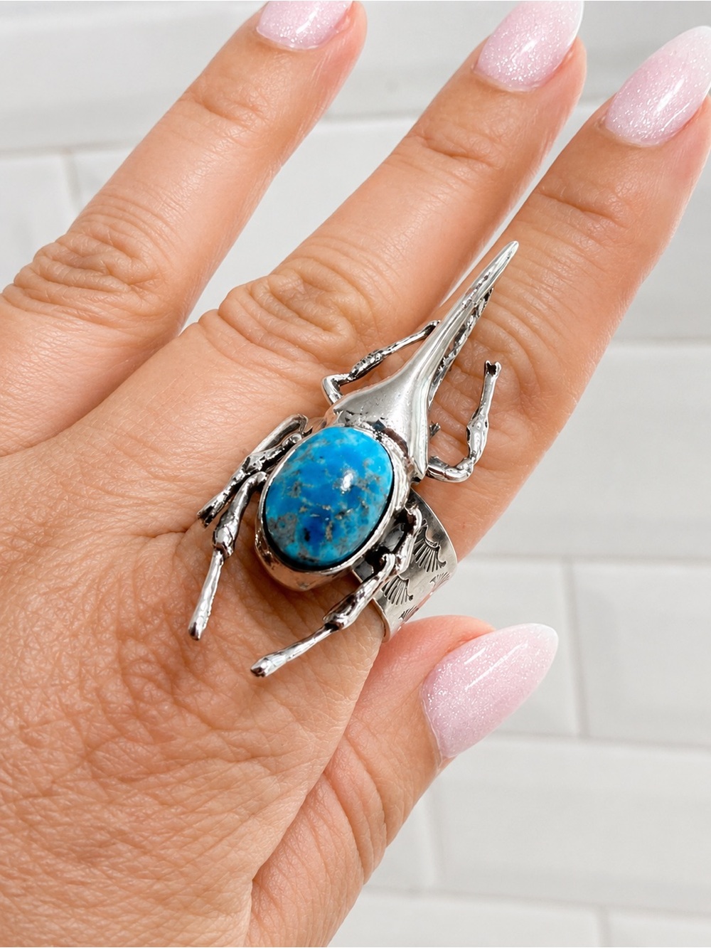 Sterling Silver Beetle Ring with Turquoise Stone - Picture 4 of 4